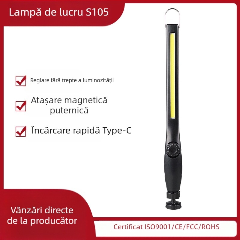 Lampă de lucru mobilă reîncărcabilă cu flux luminos ridicat, cu fund suspendat și magnet, cu funcție de reglare a intensității luminoase a mașinii, fără electrozi, pentru repararea acesteia