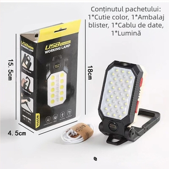 Lanternă de lucru COB nouă, cu încărcare USB și LED, cu cârlig magnetic, afișaj de alimentare, lanternă de urgență, lumină de inspecție