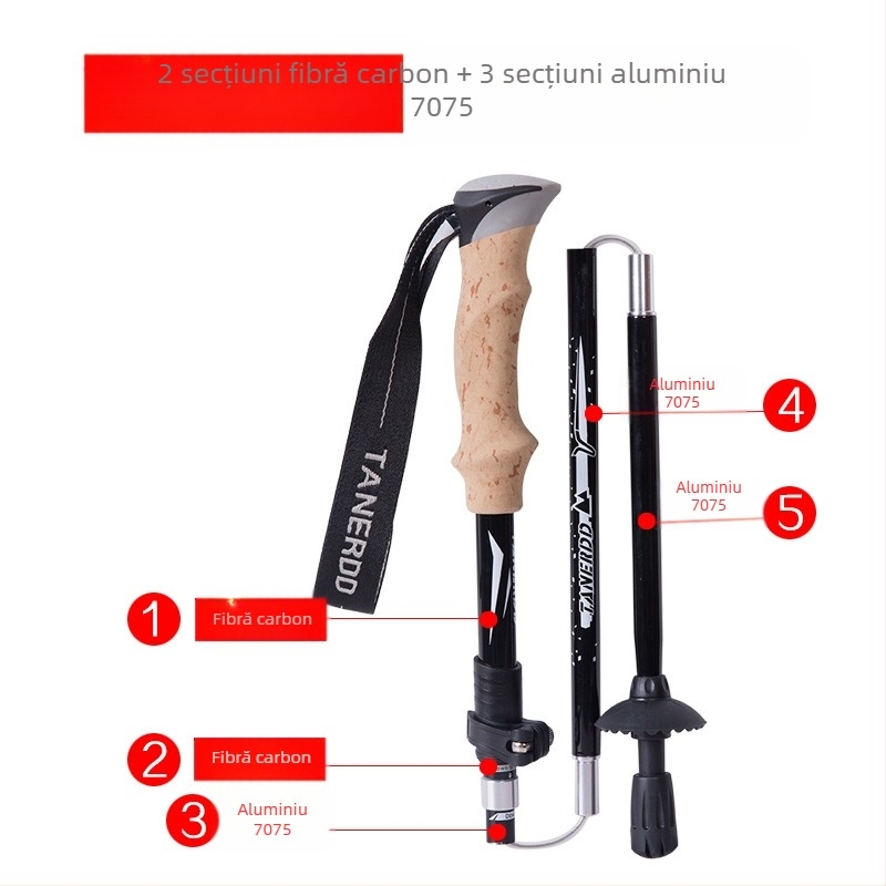 Baston de trekking în aer liber, din carbon, ultra-ușor, retractabil, pliabil, cu blocare exterioară, pentru alpinism, drumeții, alergare de cross-country, baston de mers din fibră de carbon
