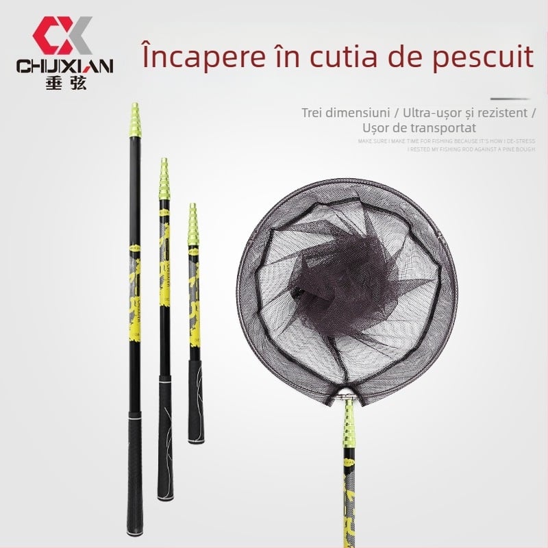 Prăjină telescopică pentru plasă de pescuit din fibră de carbon, 2,1–3 m, ultraușoară și rigidă