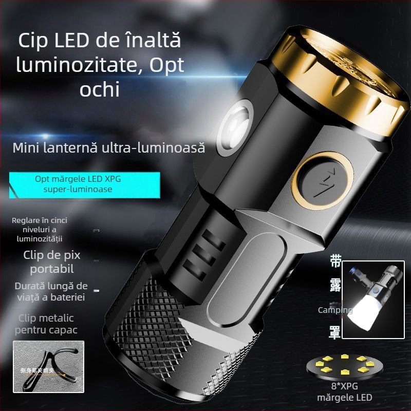 Mini lanternă puternică, all-in-one, portabilă, reîncărcabilă, cu rază lungă de acțiune, cu LED-uri de lungă durată, cu aspirație magnetică, cob mic