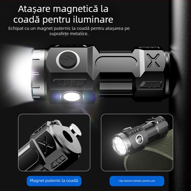 Mini lanternă puternică, all-in-one, portabilă, reîncărcabilă, cu rază lungă de acțiune, cu LED-uri de lungă durată, cu aspirație magnetică, cob mic