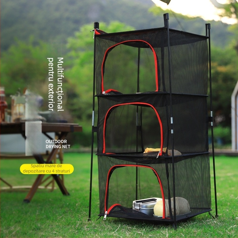 Plasă de depozitare a tacâmurilor pentru camping în aer liber, plasă de ventilație, bol, bazin de uscare, plasă de depozitare cu 4 straturi, plasă de uscare multifuncțională, coș de haine