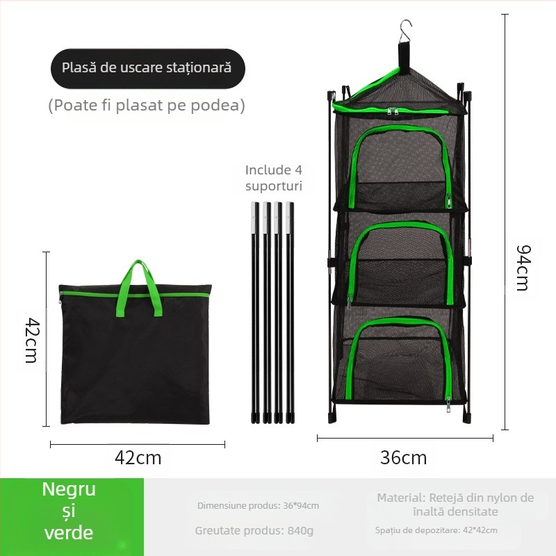 Plasă de depozitare a tacâmurilor pentru camping în aer liber, plasă de ventilație, bol, bazin de uscare, plasă de depozitare cu 4 straturi, plasă de uscare multifuncțională, coș de haine