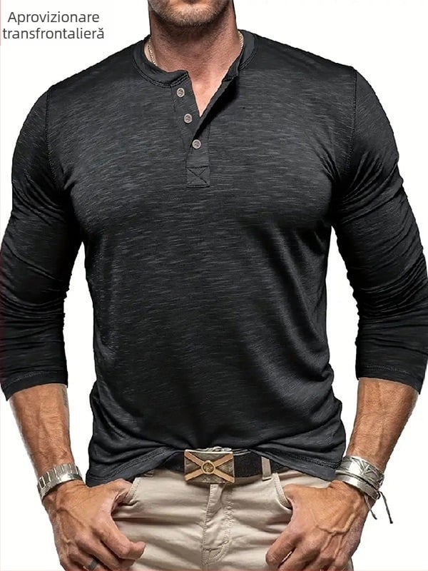 Tricou bărbătesc de primăvară și toamnă, tricou cu mânecă lungă din bumbac și bambus, stil american pentru tineri, tricou Henley respirabil cu uscare rapidă și elasticitate ridicată pentru bărbați