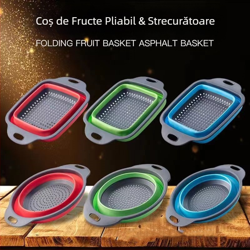 Chiuvetă de bucătărie multifuncțională, bazin retractabil pentru spălat legume, coș Amoy, coș de scurgere rotund și pliabil din silicon