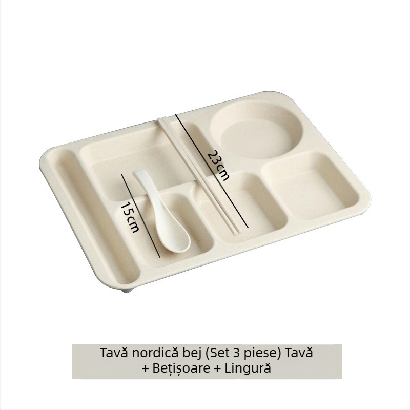 Farfurie de cină divizată din paie de grâu, 5 bucăți, cu bol, bețișoare, lingură, set de tacâmuri, comercial, pentru studenți, cantină, hotel, farfurie din plastic pentru fast-food