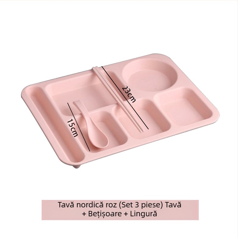 Farfurie de cină divizată din paie de grâu, 5 bucăți, cu bol, bețișoare, lingură, set de tacâmuri, comercial, pentru studenți, cantină, hotel, farfurie din plastic pentru fast-food