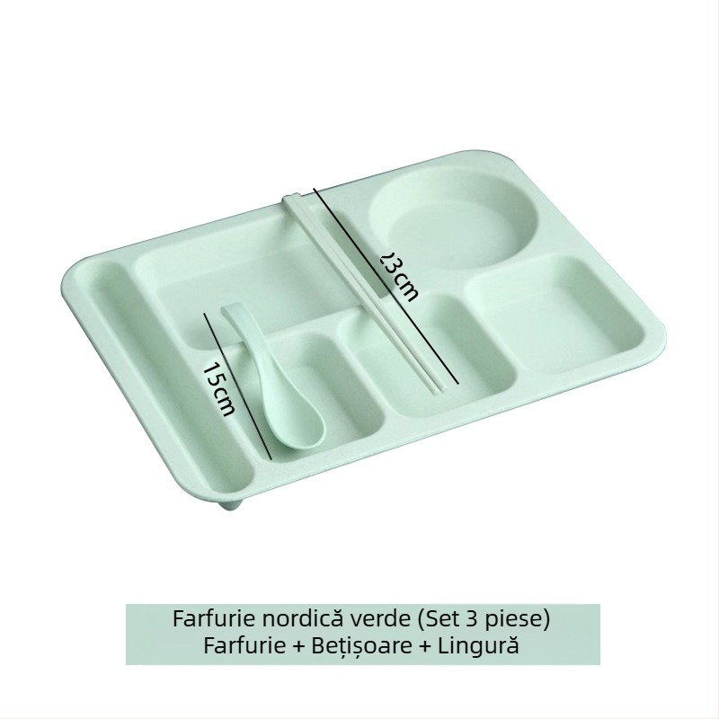 Farfurie de cină divizată din paie de grâu, 5 bucăți, cu bol, bețișoare, lingură, set de tacâmuri, comercial, pentru studenți, cantină, hotel, farfurie din plastic pentru fast-food