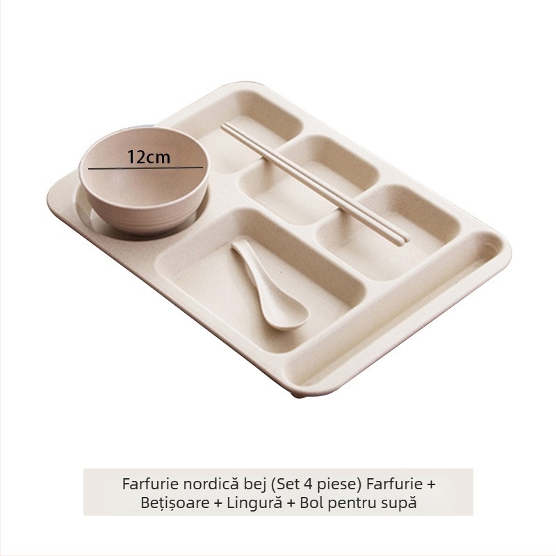 Farfurie de cină divizată din paie de grâu, 5 bucăți, cu bol, bețișoare, lingură, set de tacâmuri, comercial, pentru studenți, cantină, hotel, farfurie din plastic pentru fast-food