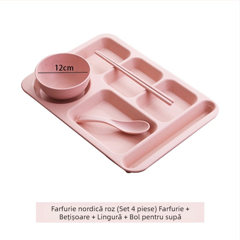 Farfurie de cină divizată din paie de grâu, 5 bucăți, cu bol, bețișoare, lingură, set de tacâmuri, comercial, pentru studenți, cantină, hotel, farfurie din plastic pentru fast-food