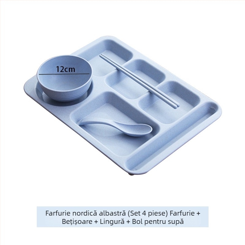 Farfurie de cină divizată din paie de grâu, 5 bucăți, cu bol, bețișoare, lingură, set de tacâmuri, comercial, pentru studenți, cantină, hotel, farfurie din plastic pentru fast-food