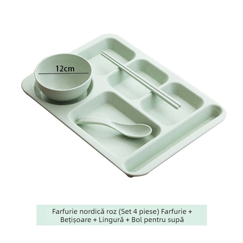 Farfurie de cină divizată din paie de grâu, 5 bucăți, cu bol, bețișoare, lingură, set de tacâmuri, comercial, pentru studenți, cantină, hotel, farfurie din plastic pentru fast-food