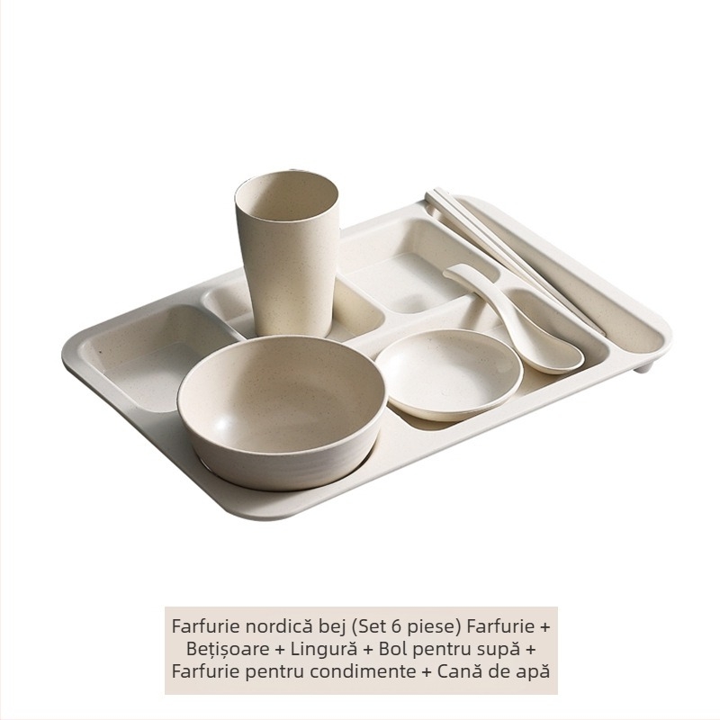 Farfurie de cină divizată din paie de grâu, 5 bucăți, cu bol, bețișoare, lingură, set de tacâmuri, comercial, pentru studenți, cantină, hotel, farfurie din plastic pentru fast-food