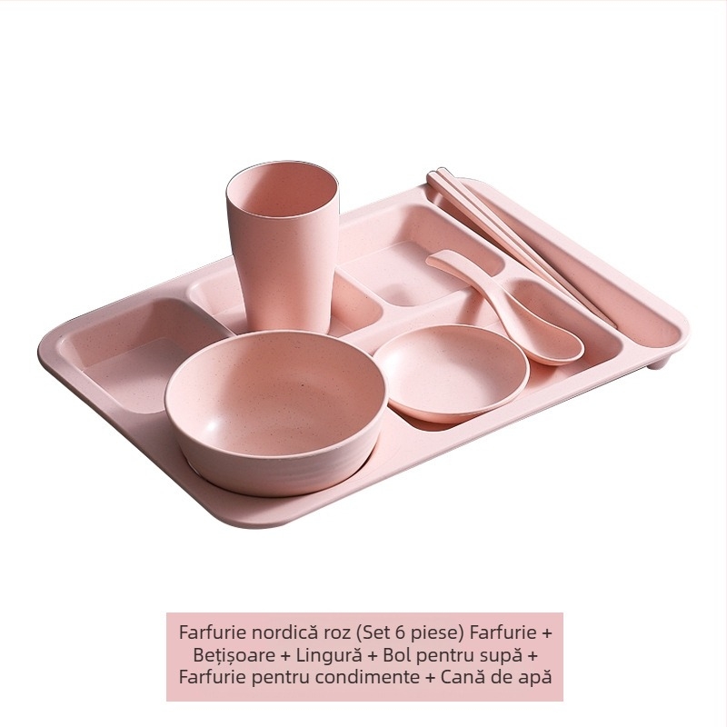 Farfurie de cină divizată din paie de grâu, 5 bucăți, cu bol, bețișoare, lingură, set de tacâmuri, comercial, pentru studenți, cantină, hotel, farfurie din plastic pentru fast-food