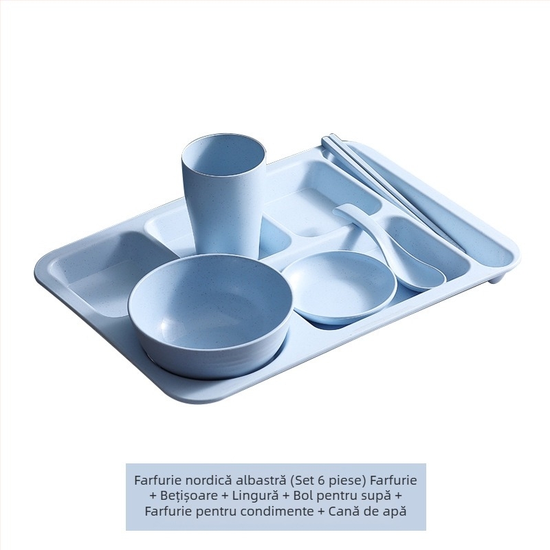 Farfurie de cină divizată din paie de grâu, 5 bucăți, cu bol, bețișoare, lingură, set de tacâmuri, comercial, pentru studenți, cantină, hotel, farfurie din plastic pentru fast-food