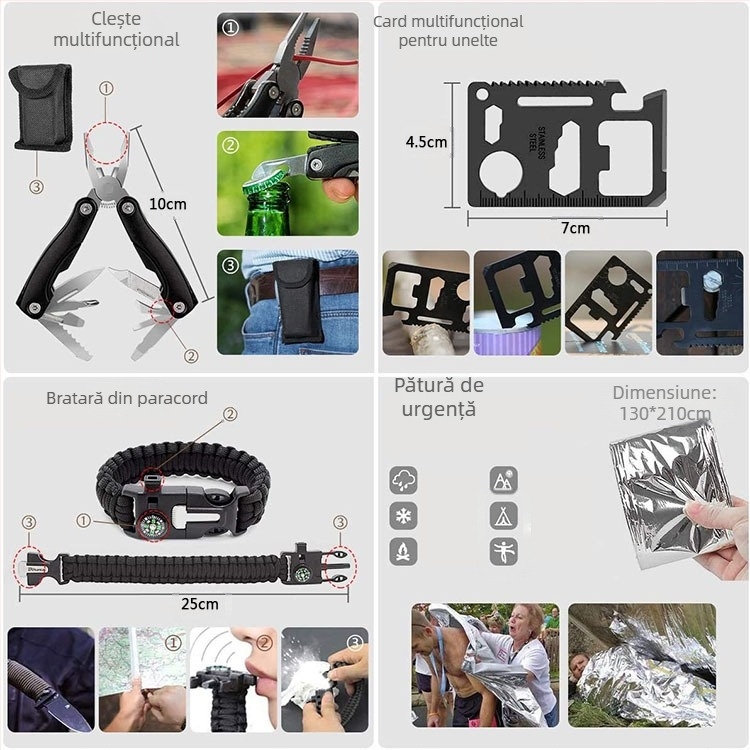 Set de scule de supraviețuire în aer liber, echipament de camping pentru călătorii, trusă de prim ajutor multifuncțională, provizii de urgență SOS
