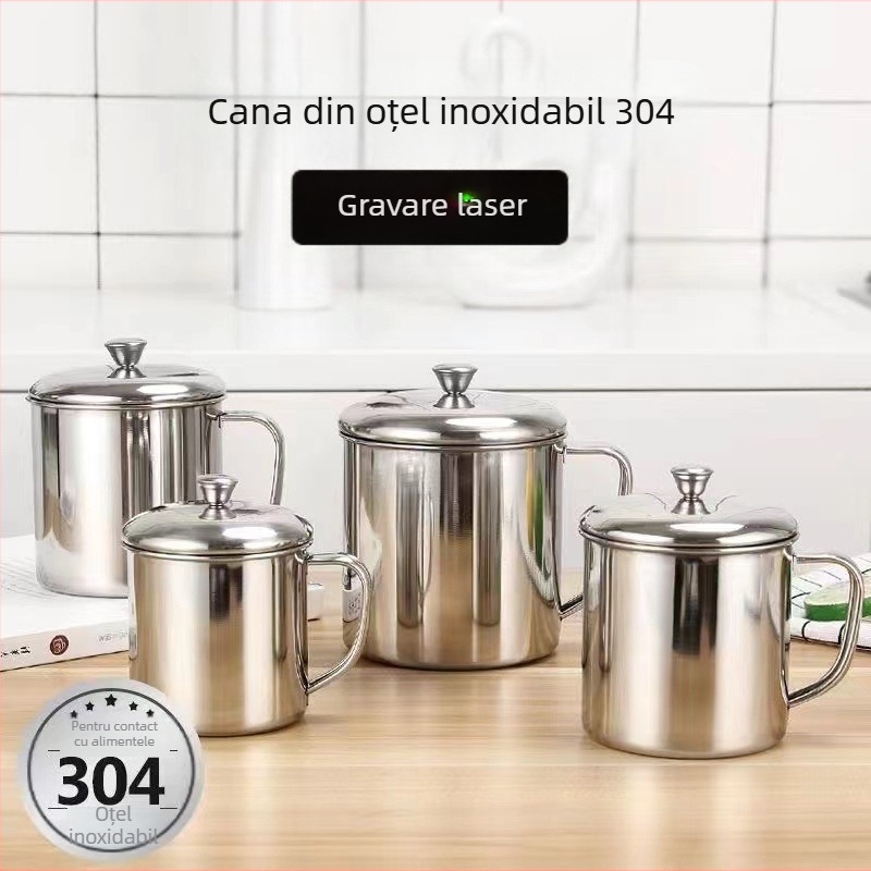304 Cană de apă din oțel inoxidabil, cană pentru copii, cană pentru șah și cărți de birou, cană pentru grădiniță, cu capac, cană de ceai