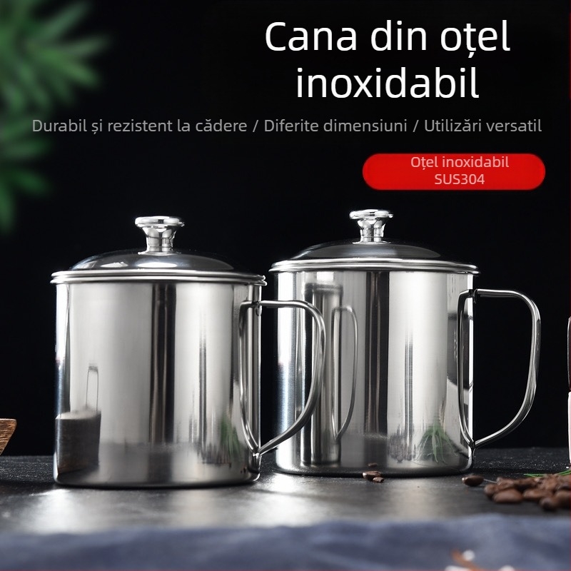 304 Cană de apă din oțel inoxidabil, cană pentru copii, cană pentru șah și cărți de birou, cană pentru grădiniță, cu capac, cană de ceai
