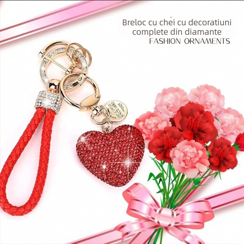 Breloc din lut cu diamant, plin de diamant, dragoste, diamant, frânghie din piele, inimă de piersică transfrontalieră, breloc auto, pandantiv pentru geantă, cadou de femeie