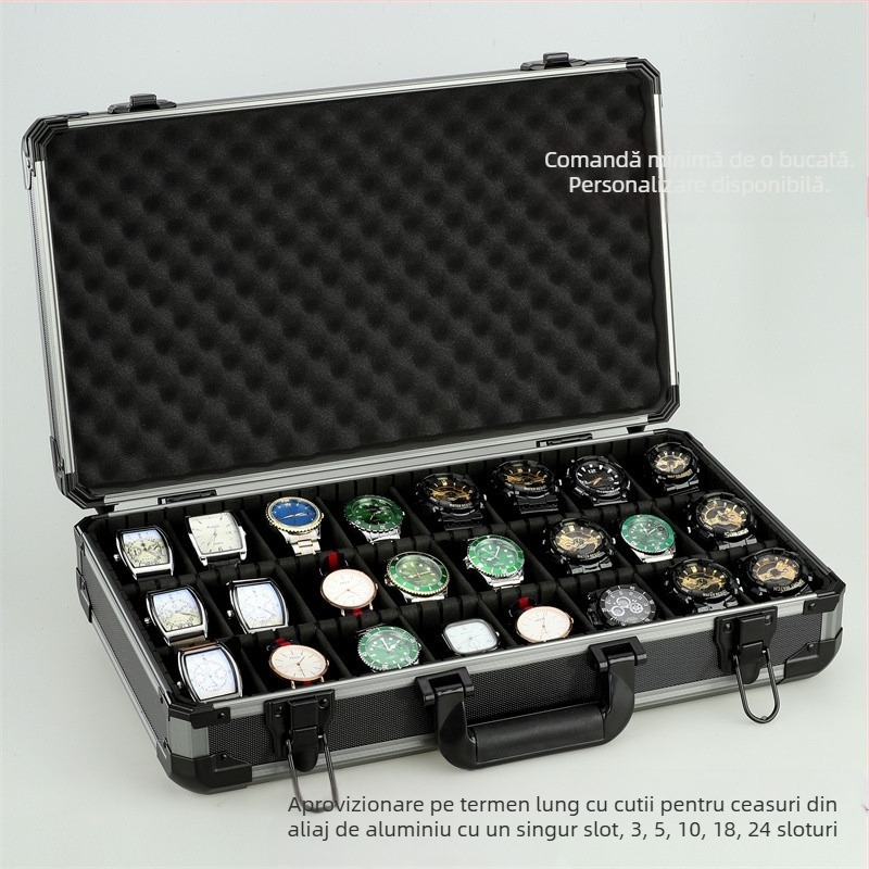 Cutie de ceas opacă din aliaj de aluminiu, cutie de ambalare neagră cu mai multe poziții, cutie de depozitare a ceasurilor cu partiție mobilă, poate fi expediată în numele altora