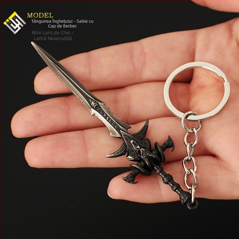 Pandantiv mini armă periferică Lich King, sabie cu cap de oaie Frost Surrey, breloc din aliaj, 9cm