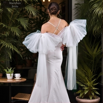 Rochie de mireasă lungă Manzhen, albă, cu mânecă lungă, formă studio, plasă lungă, accesorii pentru brațe, MM12