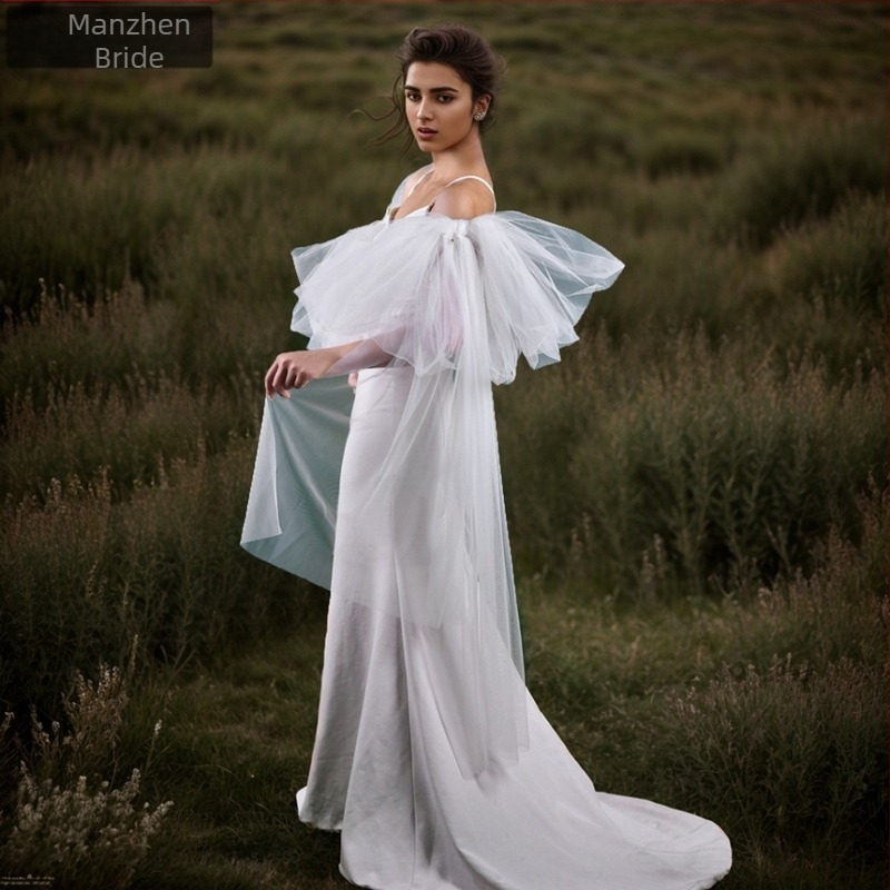 Rochie de mireasă lungă Manzhen, albă, cu mânecă lungă, formă studio, plasă lungă, accesorii pentru brațe, MM12