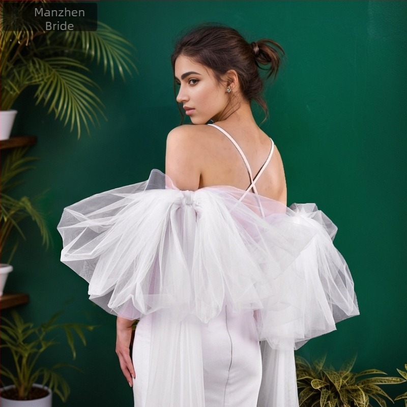 Rochie de mireasă lungă Manzhen, albă, cu mânecă lungă, formă studio, plasă lungă, accesorii pentru brațe, MM12