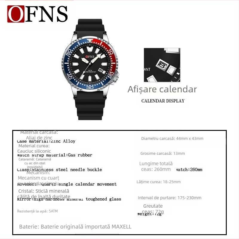 O'Fannie's Hot Men's Watch Fashion Casual Waterproof Quartz Watch Luminos Single Calendar Watch în stoc direct de la furnizor