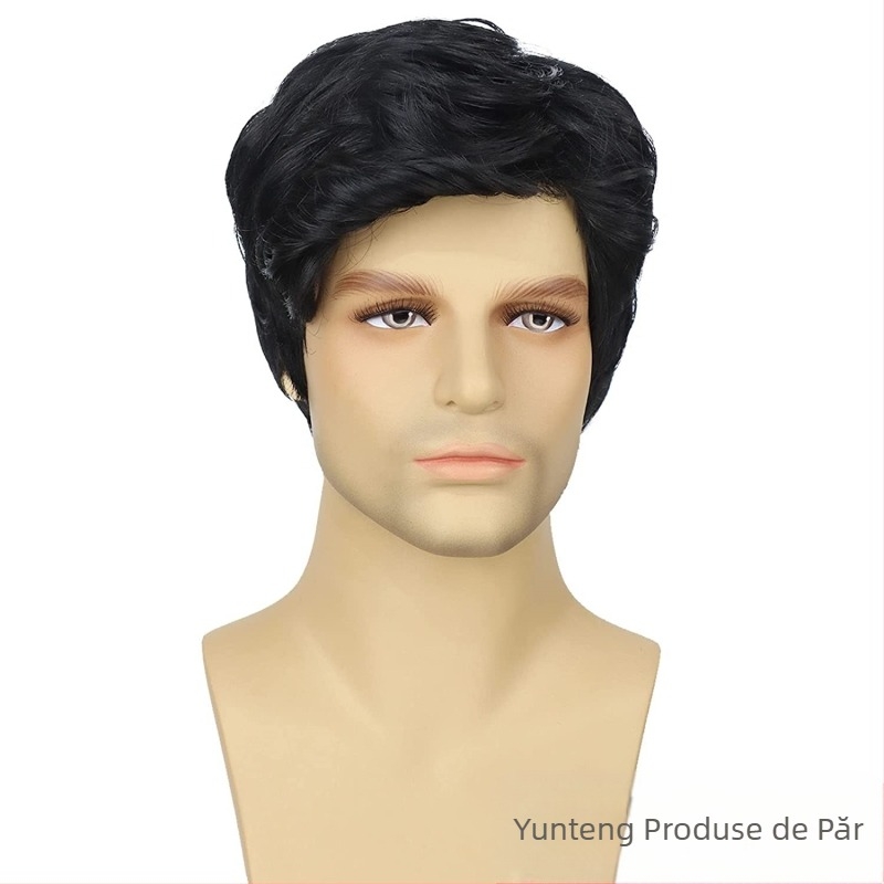 Perucă bărbătească transfrontalieră europeană și americană cu breton oblic, scurtă, din fibră chimică, din mătase la temperaturi ridicate, perucă pentru bărbați