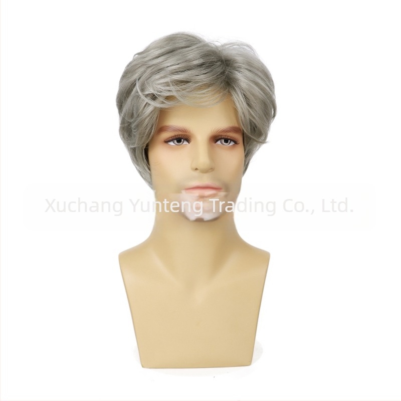 Perucă bărbătească transfrontalieră europeană și americană cu breton oblic, scurtă, din fibră chimică, din mătase la temperaturi ridicate, perucă pentru bărbați