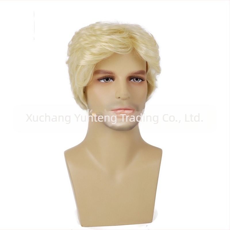 Perucă bărbătească transfrontalieră europeană și americană cu breton oblic, scurtă, din fibră chimică, din mătase la temperaturi ridicate, perucă pentru bărbați