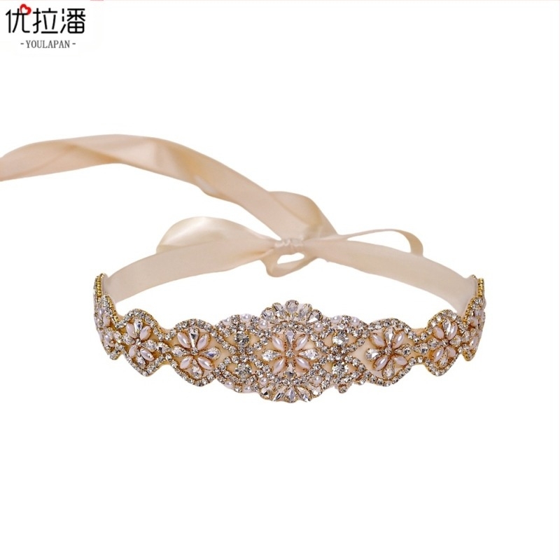Youlapan S161 Centură auriu pentru rochie de mireasă, cu mărgele și pietre strass — talie luxoasă
