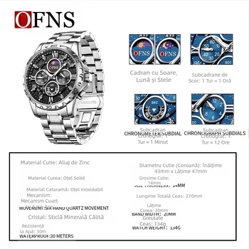Ofns Brand New Men's Watch Six-Pin Multi-Functional Waterproof Quartz Watch Fashion Big Dial Steel Belt Men's Watch