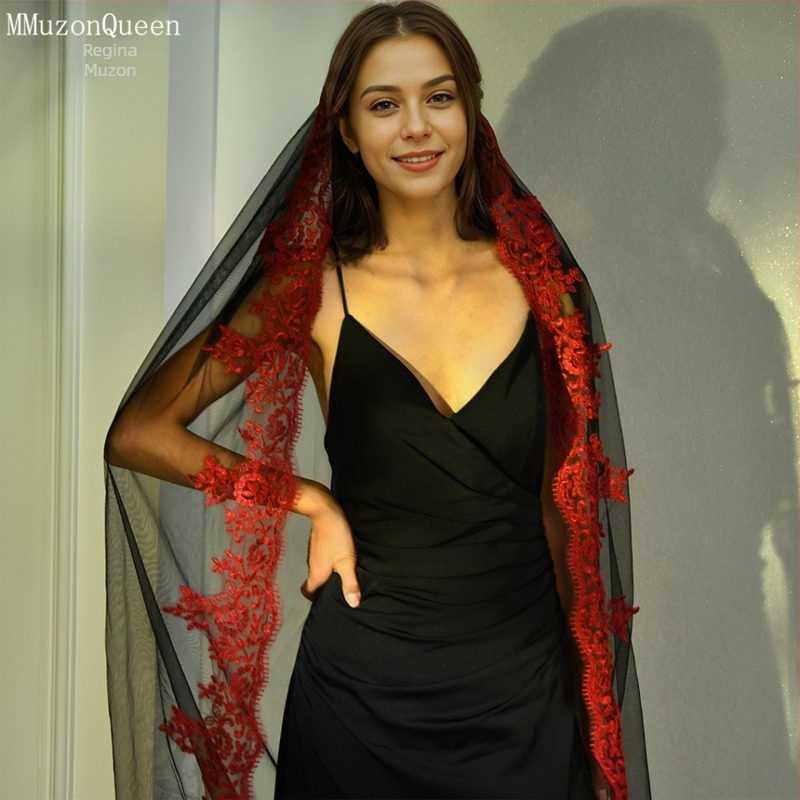 Voal de mireasă Manzhen Fashion, voal mare, dantelă roșie, cu un singur strat, voal moale, Mnet M126