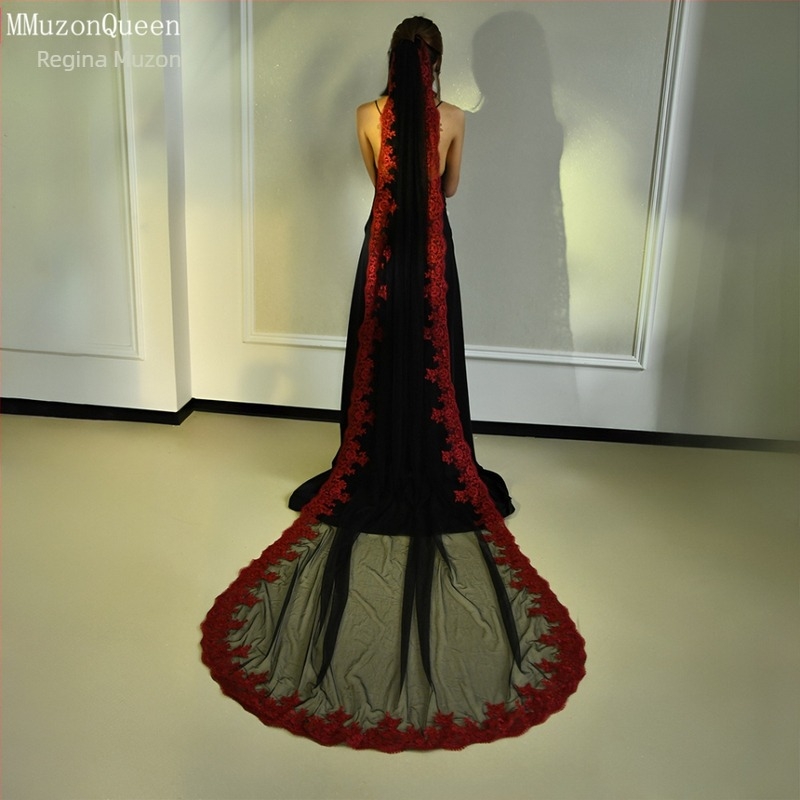 Voal de mireasă Manzhen Fashion, voal mare, dantelă roșie, cu un singur strat, voal moale, Mnet M126