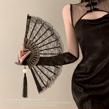 Nou chinezesc retro negru dantelă pliant fan Jk Lolita Hanfu Cheongsam fan ciucure antic fotografie recuzită femeie