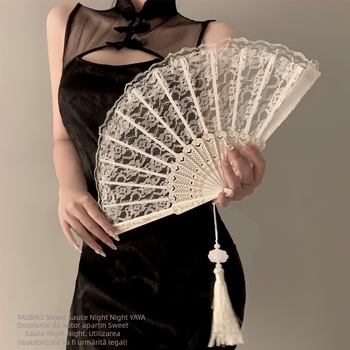 Nou chinezesc retro negru dantelă pliant fan Jk Lolita Hanfu Cheongsam fan ciucure antic fotografie recuzită femeie