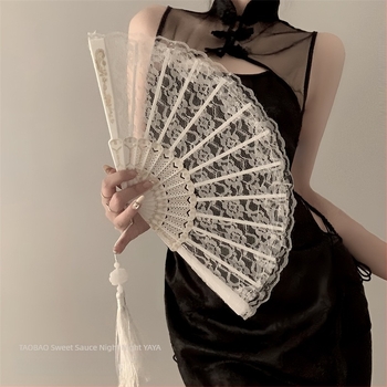 Nou chinezesc retro negru dantelă pliant fan Jk Lolita Hanfu Cheongsam fan ciucure antic fotografie recuzită femeie