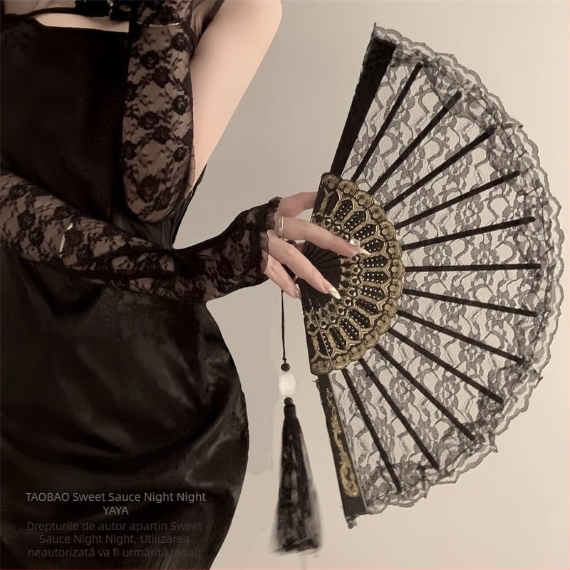 Nou chinezesc retro negru dantelă pliant fan Jk Lolita Hanfu Cheongsam fan ciucure antic fotografie recuzită femeie