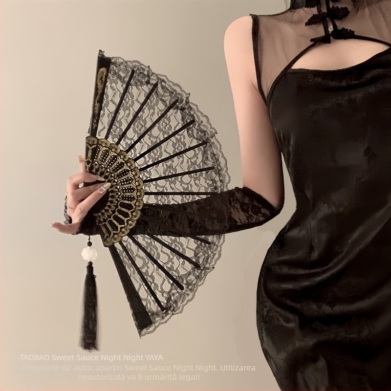 Nou chinezesc retro negru dantelă pliant fan Jk Lolita Hanfu Cheongsam fan ciucure antic fotografie recuzită femeie