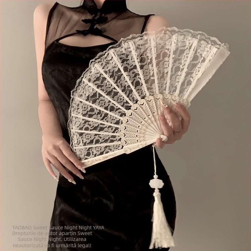 Nou chinezesc retro negru dantelă pliant fan Jk Lolita Hanfu Cheongsam fan ciucure antic fotografie recuzită femeie