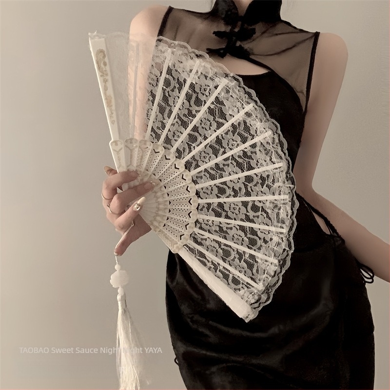 Nou chinezesc retro negru dantelă pliant fan Jk Lolita Hanfu Cheongsam fan ciucure antic fotografie recuzită femeie