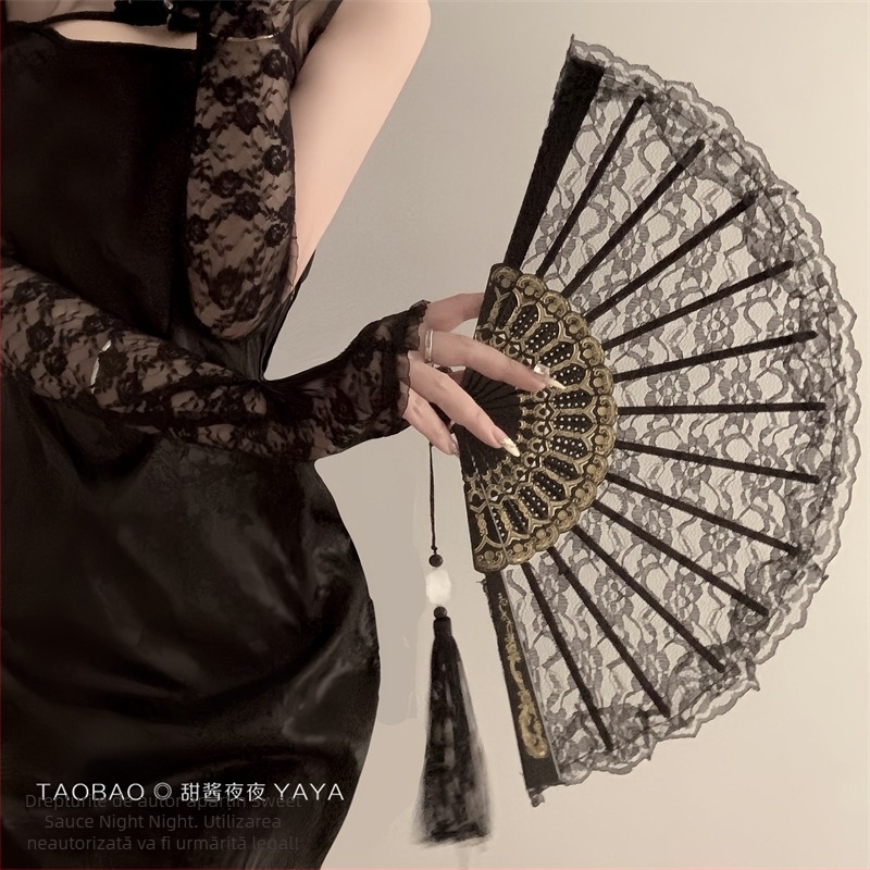 Nou chinezesc retro negru dantelă pliant fan Jk Lolita Hanfu Cheongsam fan ciucure antic fotografie recuzită femeie
