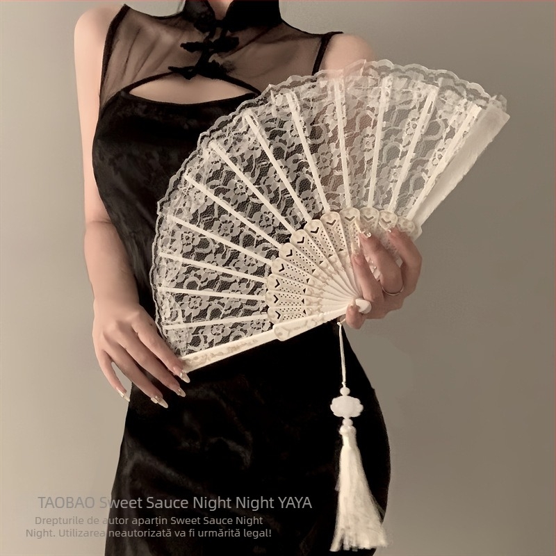 Nou chinezesc retro negru dantelă pliant fan Jk Lolita Hanfu Cheongsam fan ciucure antic fotografie recuzită femeie