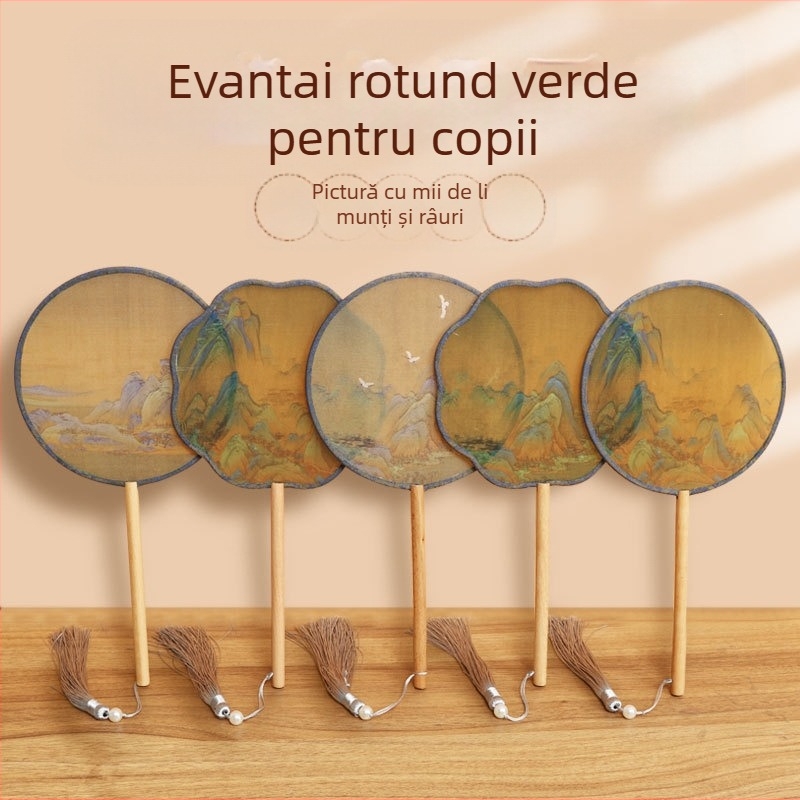 Evantai rotund verde pentru copii, mii de mile, figura Jiangshan, evantai rotund mic, evantai de dans antic pentru adulți, evantai Hanfu, evantai Cheongsam, en-gros