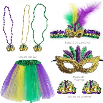 Carnavalul brazilian: mască pentru jumătate de față în nuanțe aur, mov și verde, bandă pentru cap cu pene, mărgele în trei culori, fustă din tifon și cercei – set