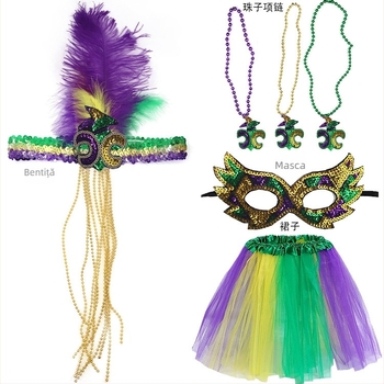 Carnavalul brazilian: mască pentru jumătate de față în nuanțe aur, mov și verde, bandă pentru cap cu pene, mărgele în trei culori, fustă din tifon și cercei – set