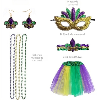 Carnavalul brazilian: mască pentru jumătate de față în nuanțe aur, mov și verde, bandă pentru cap cu pene, mărgele în trei culori, fustă din tifon și cercei – set